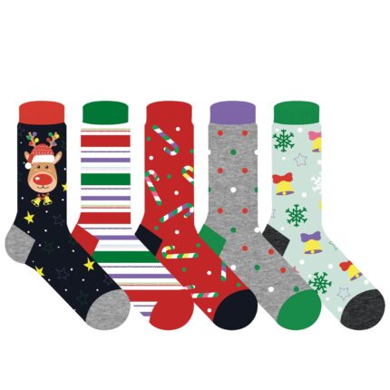 Sockopath 5 Pairs Funny Christmas Casual Crew Socks Novelty Holiday Gift Cartoon Women Girls - Shoe Size 4-10, REINDEER/STARS